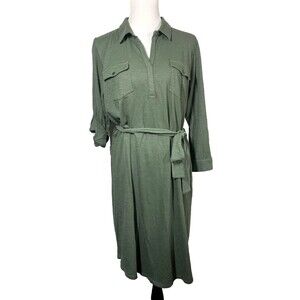 J Jill Dress Belted 100% Cotton V Neck Popover Womens L Tall Peat Moss Green